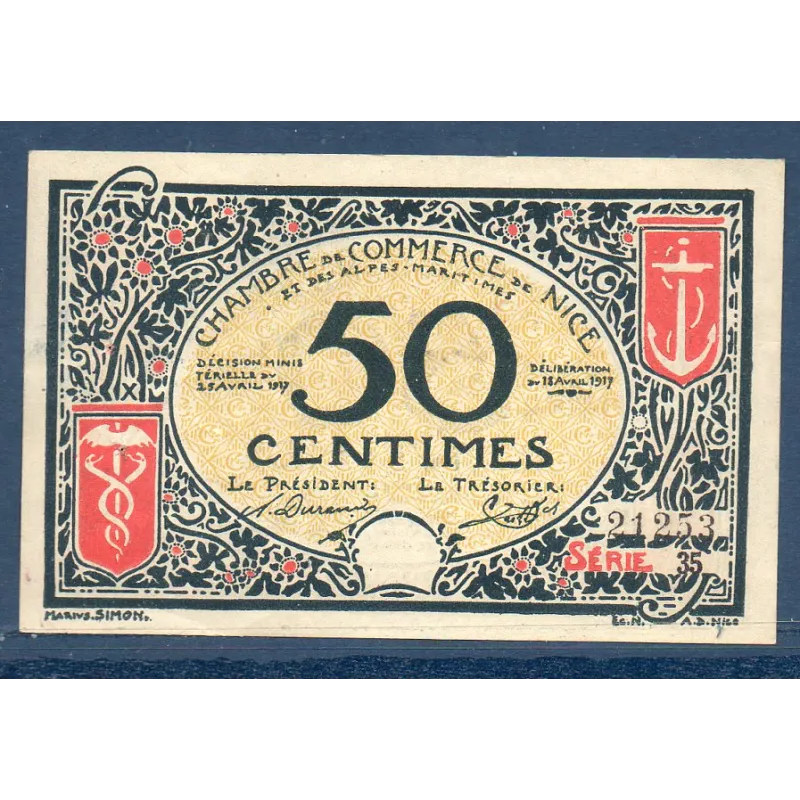 Nice 50 Centimes, Sup, 25.4.1917 Pirot 91.4 Billet de la chambre de Commerce Nice 50 Centimes, Sup, 25.4.1917 Pirot 91.4 Billet de la chambre de Commerce