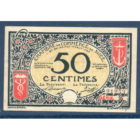 Nice 50 Centimes, Sup, 25.4.1917 Pirot 91.4 Billet de la chambre de Commerce