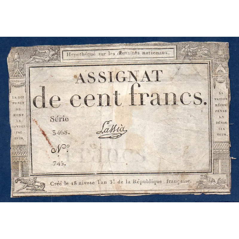 Assignat 100 francs 18 Nivose an 3, TB-, signature Lassia Muz 49 Assignat 100 francs 18 Nivose an 3, TB-, signature Lassia Muz 49