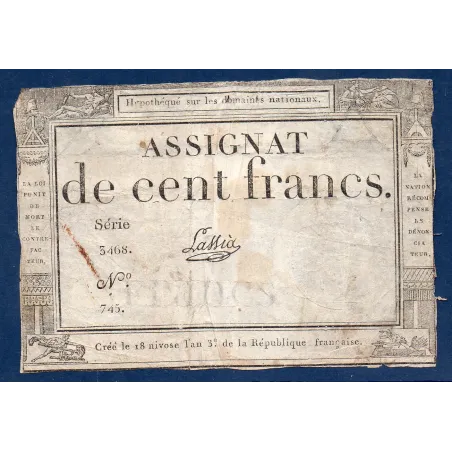 Assignat 100 francs 18 Nivose an 3, TB-, signature Lassia Muz 49