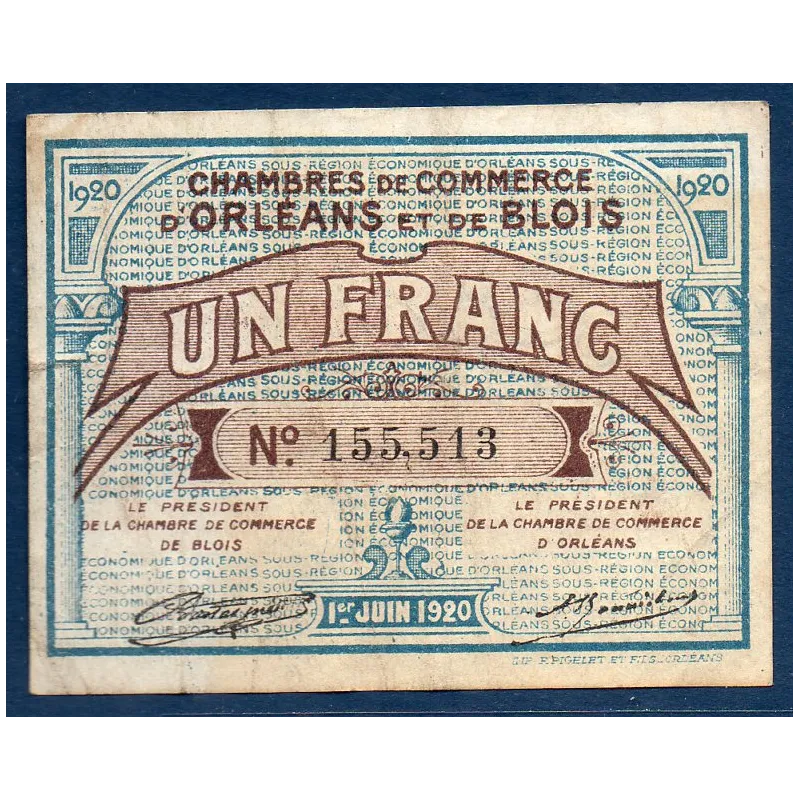 Orléans et Blois, 1 franc, TB, 1.6.1920 Pirot 96.3 Billet de la chambre de Commerce Orléans et Blois, 1 franc, TB, 1.6.1920 Pirot 96.3 Billet de la chambre de Commerce