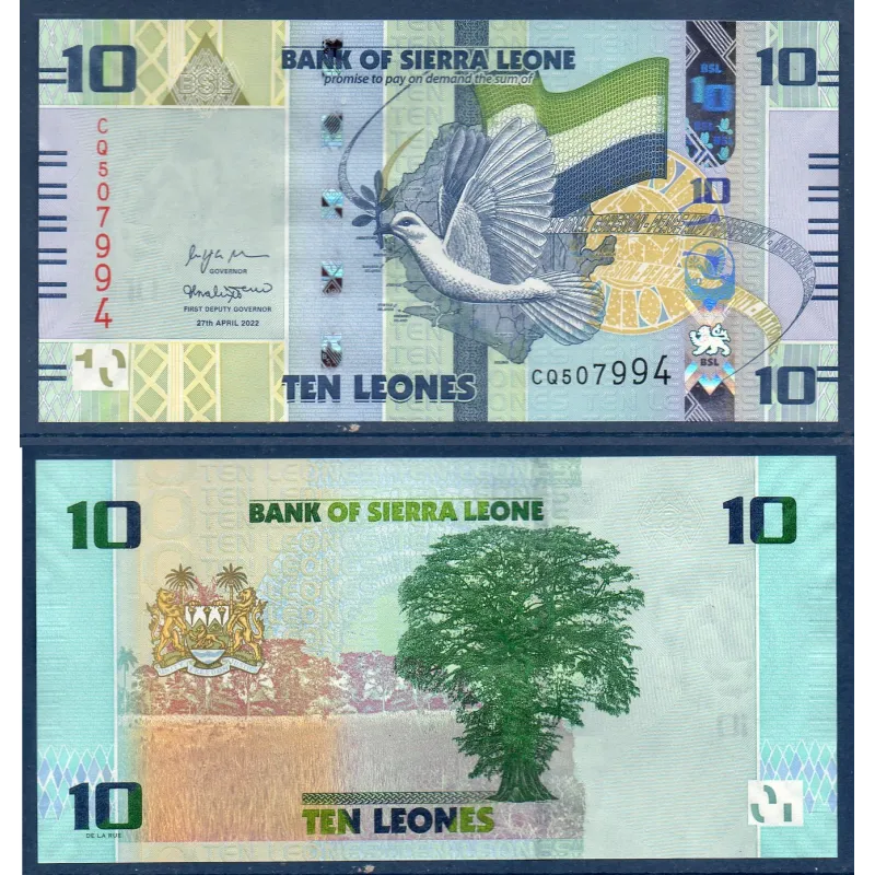 Sierra Leone P.37, neuf Billet de 10 leones 2022 Colombe Sierra Leone P.37, neuf Billet de 10 leones 2022 Colombe
