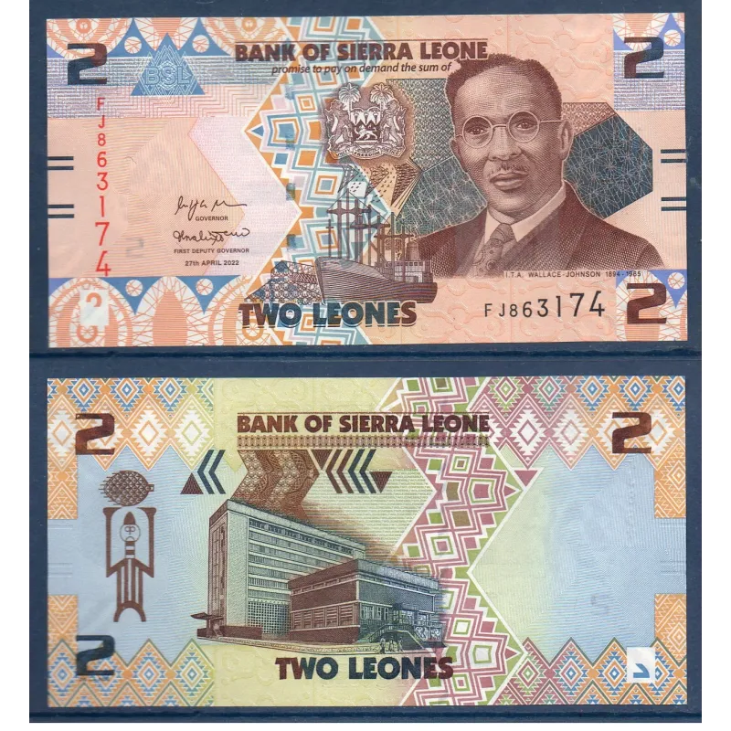 Sierra Leone P.35, neuf Billet de 2 leones 2022 Wallace-Johnson Sierra Leone P.35, neuf Billet de 2 leones 2022 Wallace-Johnson
