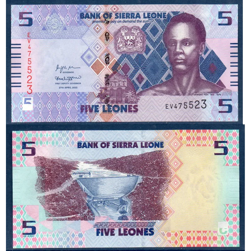 Sierra Leone P.36, neuf Billet de 5 leones 2022 Sengbe Pieh Sierra Leone P.36, neuf Billet de 5 leones 2022 Sengbe Pieh