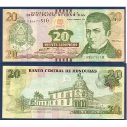 Honduras P.100c, TB Billet de 20 Lempiras 2016 Dionisio de Herrera
