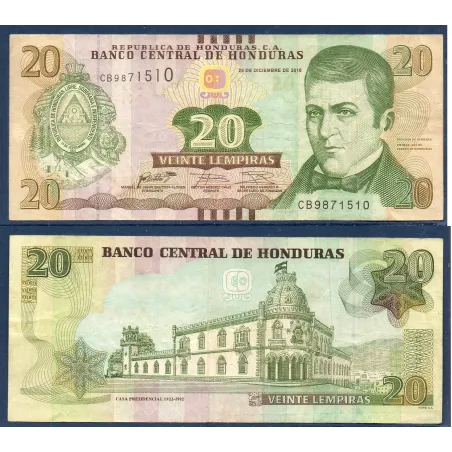 Honduras P.100c, TB Billet de 20 Lempiras 2016 Dionisio de Herrera