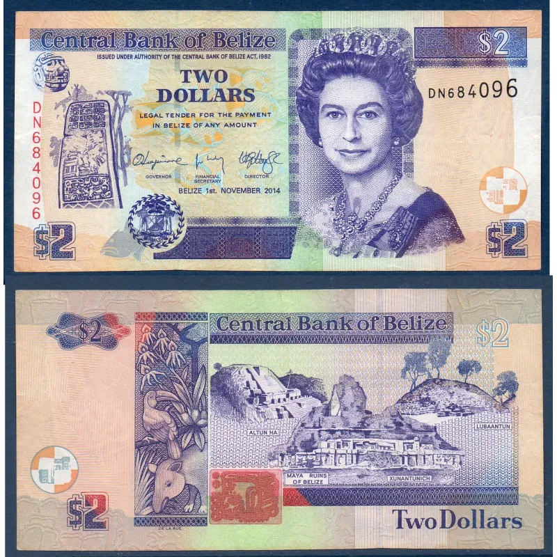 Belize P.66e, TTB Billet de 2 dollars 2005 Ruines Maya