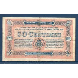 Cahors 50 centimes, TB, 29.11.1920 Pirot 35.25 Billet de la chambre de Commerce