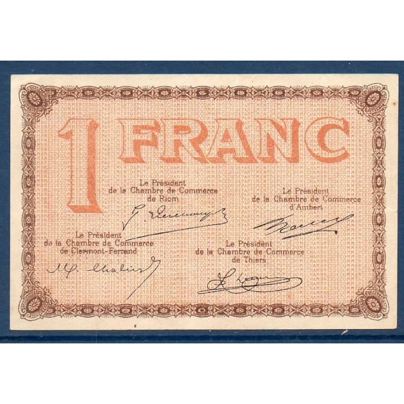 Puy-de-Dôme 1 franc, TTB, ND Pirot 103.21 Billet de la chambre de commerce Puy-de-Dôme 1 franc, TTB, ND Pirot 103.21 Billet de la chambre de commerce