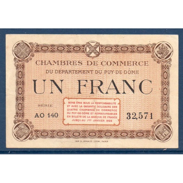 Puy-de-Dôme 1 franc, TTB, ND Pirot 103.21 Billet de la chambre de commerce