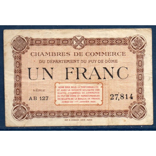 Puy-de-Dôme 1 franc, TB, ND Pirot 103.21 Billet de la chambre de commerce