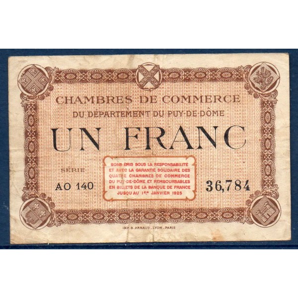 Puy-de-Dôme 1 franc, TB, ND Pirot 103.21 Billet de la chambre de commerce