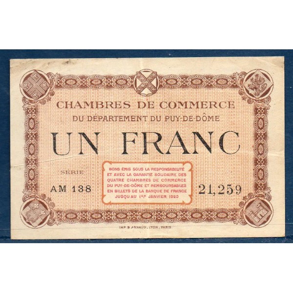 Puy-de-Dôme 1 franc, TB, ND Pirot 103.8 Billet de la chambre de commerce