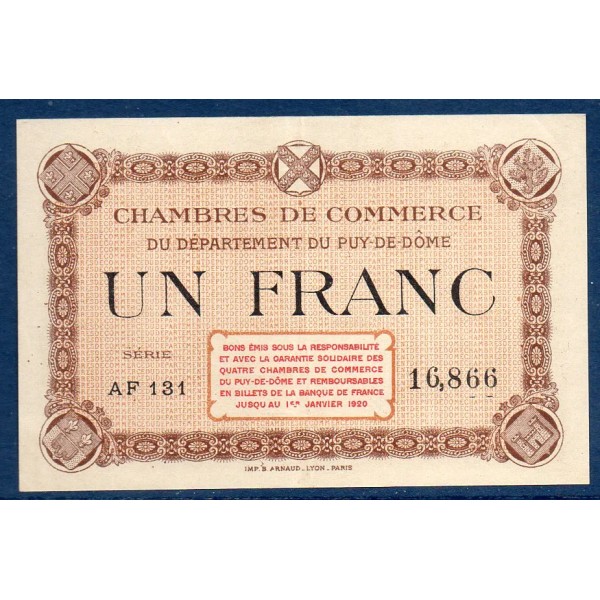 Puy-de-Dôme 1 franc, Sup, ND Pirot 103.8 Billet de la chambre de commerce