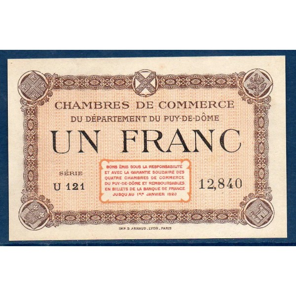 Puy-de-Dôme 1 franc, Spl, ND Pirot 103.6 Billet de la chambre de commerce