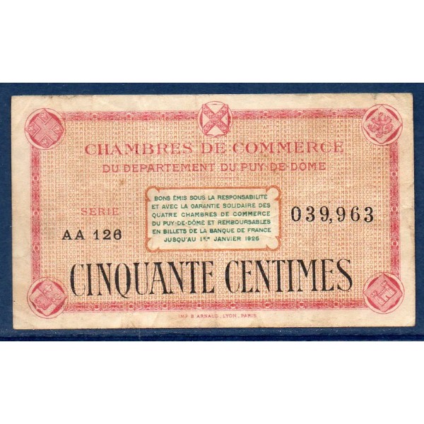 Puy-de-Dôme 50 centimes, TB, ND Pirot 103.23 Billet de la chambre de commerce