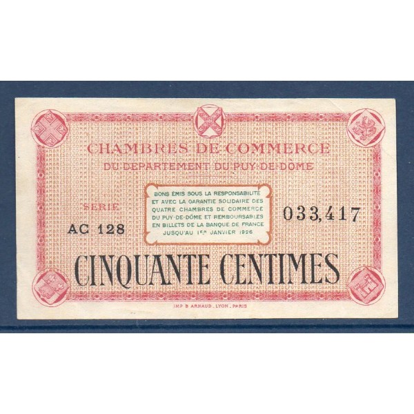 Puy-de-Dôme 50 centimes, TTB, ND Pirot 103.23 Billet de la chambre de commerce