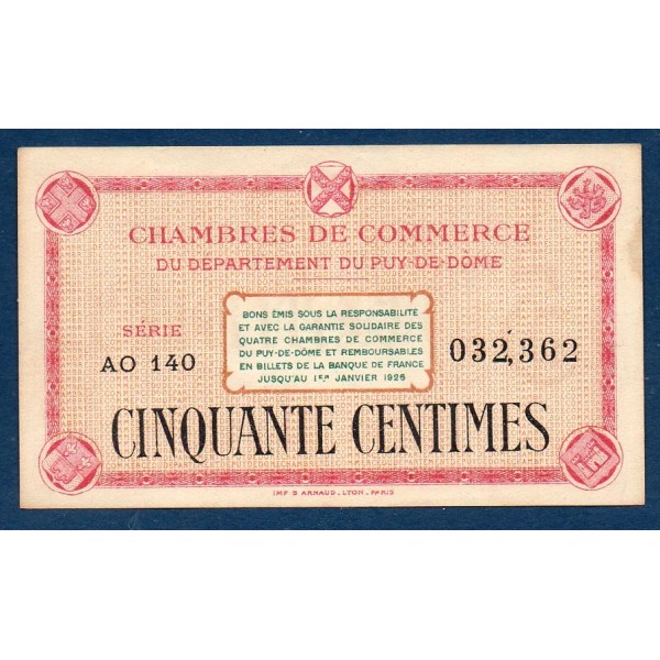 Puy-de-Dôme 50 centimes, Spl, ND Pirot 103.19 Billet de la chambre de commerce