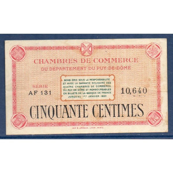 Puy-de-Dôme 50 centimes, TTB, ND Pirot 103.3 Billet de la chambre de commerce
