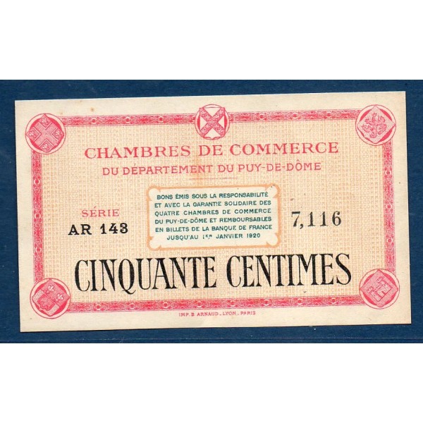 Puy-de-Dôme 50 centimes, Sup+, ND Pirot 103.3 Billet de la chambre de commerce