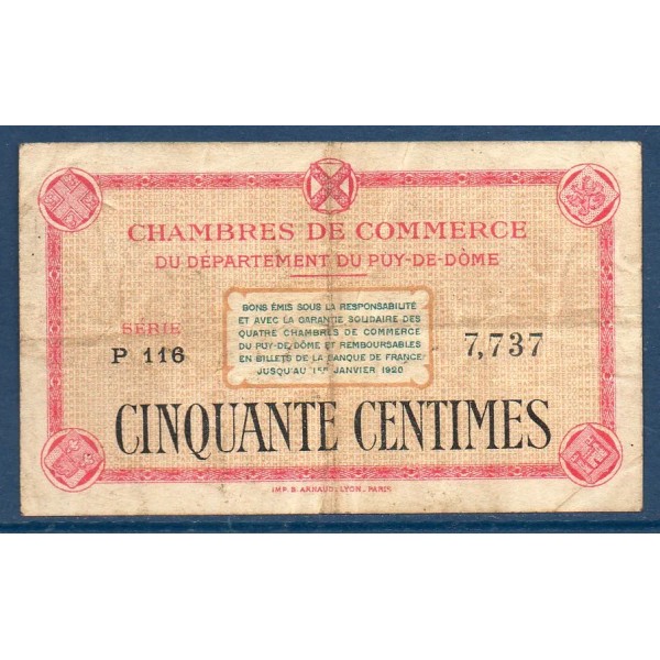 Puy-de-Dôme 50 centimes, TB, ND Pirot 103.1 Billet de la chambre de commerce