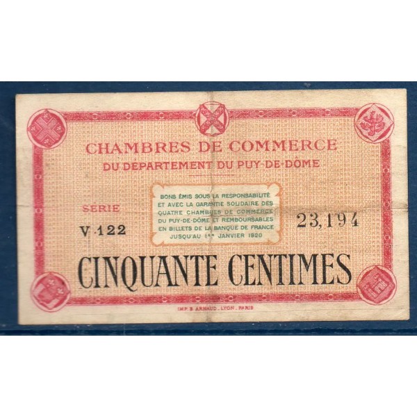 Puy-de-Dôme 50 centimes, TB, ND Pirot 103.1 Billet de la chambre de commerce