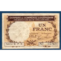 Perpignan 1 franc,TB, 15.1.1921 Pirot 100.32 Billet de la chambre de commerce