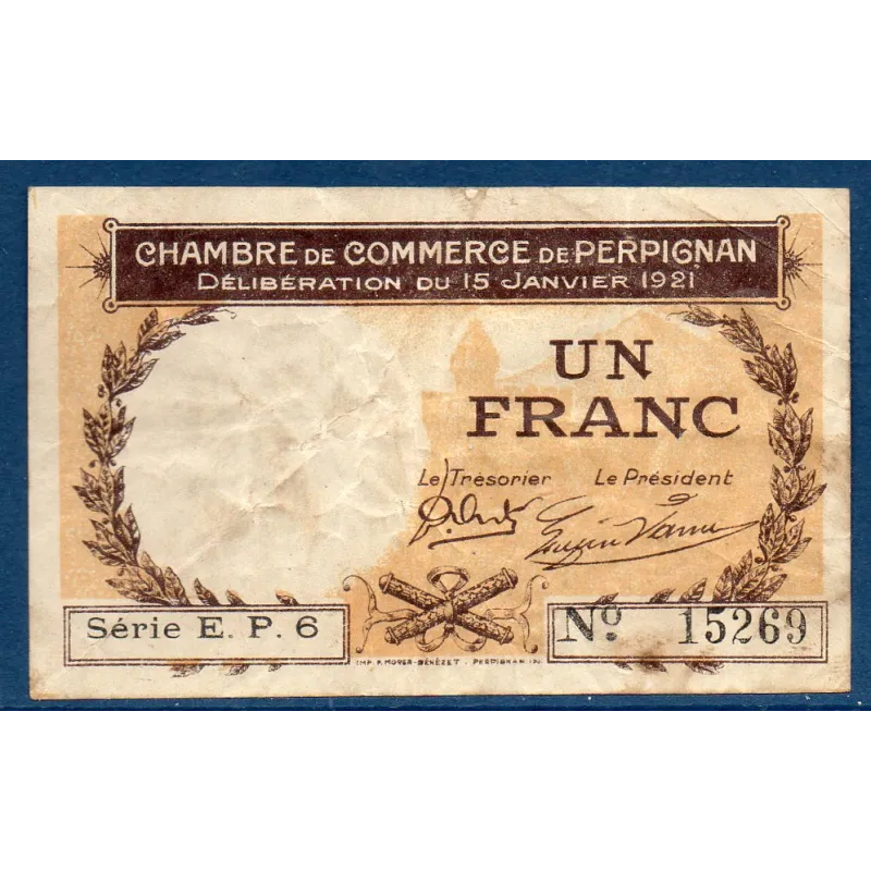 Perpignan 1 franc,TB, 15.1.1921 Pirot 100.32 Billet de la chambre de commerce Perpignan 1 franc,TB, 15.1.1921 Pirot 100.32 Billet de la chambre de commerce