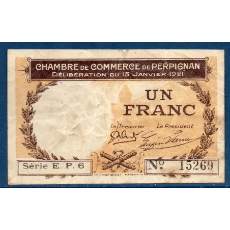 Perpignan 1 franc,TB, 15.1.1921 Pirot 100.32 Billet de la chambre de commerce