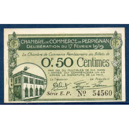 Perpignan 50 centimes, Spl, 17.2.1919 Pirot 100.26 Billet de la chambre de commerce
