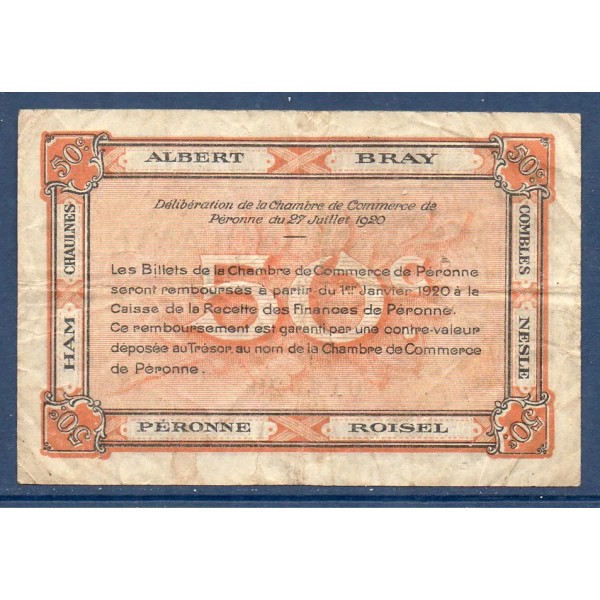 Péronne 50 centimes, TB, 27.7.1920 Pirot 99.1 Billet de la chambre de commerce
