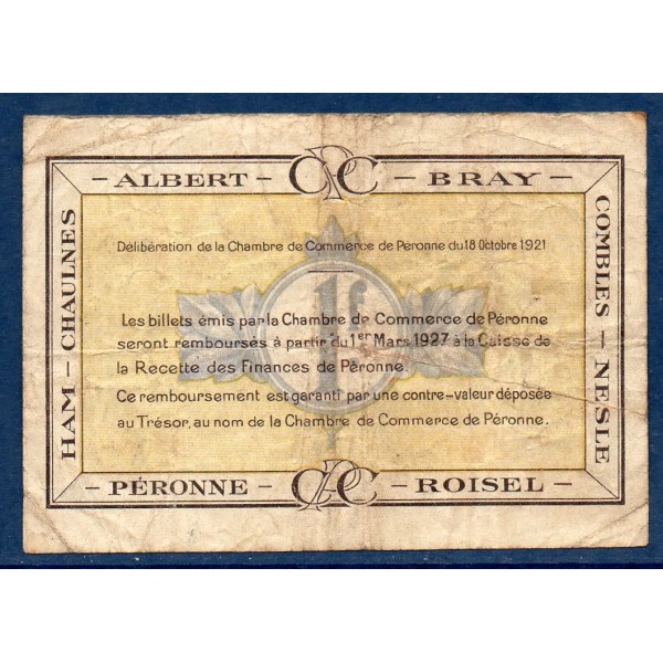 Péronne 1 franc, TB-, 18.10.1921 Pirot 99.4 Billet de la chambre de commerce