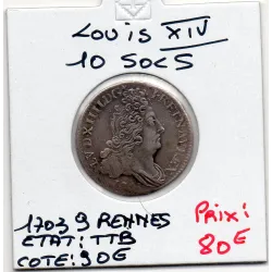 10 Sols aux insignes 1703 9 Rennes TTB Louis XIV pièce de monnaie royale