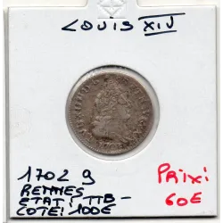 5 Sols aux insignes 1702 9 Rennes TTB- Louis XIV pièce de monnaie royale
