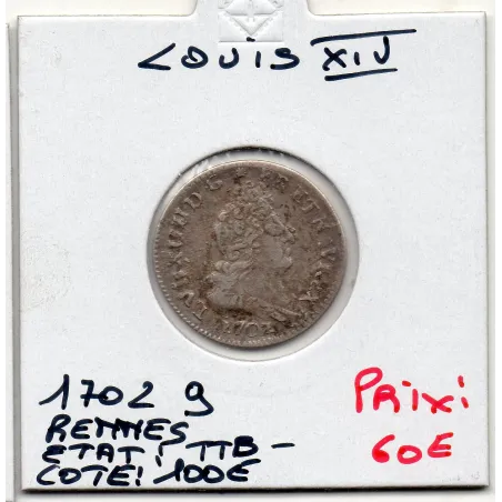5 Sols aux insignes 1702 9 Rennes TTB- Louis XIV pièce de monnaie royale