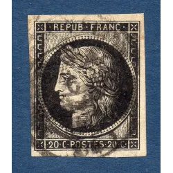 Timbre France Yvert No 3 Type Cérès 20c Noir sur jaune cachet à date