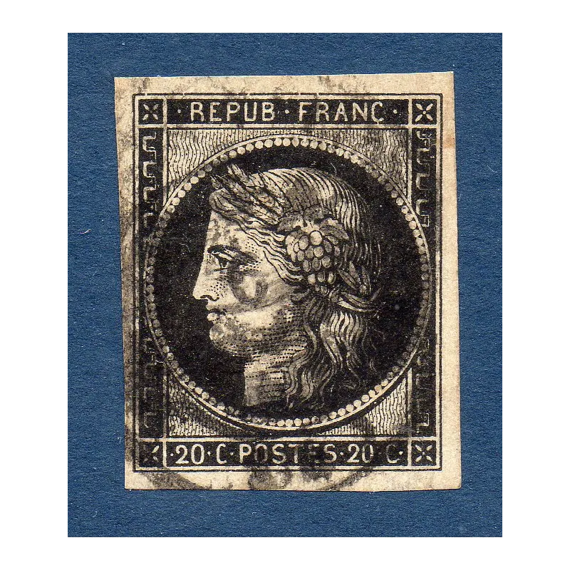 Timbre France Yvert No 3 Type Cérès 20c Noir sur jaune cachet à date Timbre France Yvert No 3 Type Cérès 20c Noir sur jaune cachet à date