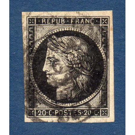 Timbre France Yvert No 3 Type Cérès 20c Noir sur jaune cachet à date