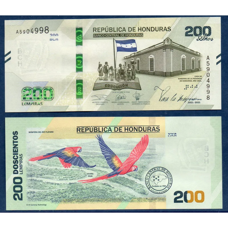 Honduras P.105, Neuf Billet de 200 Lempiras 2022 anniversaire indépendance Honduras P.105, Neuf Billet de 200 Lempiras 2022 anniversaire indépendance