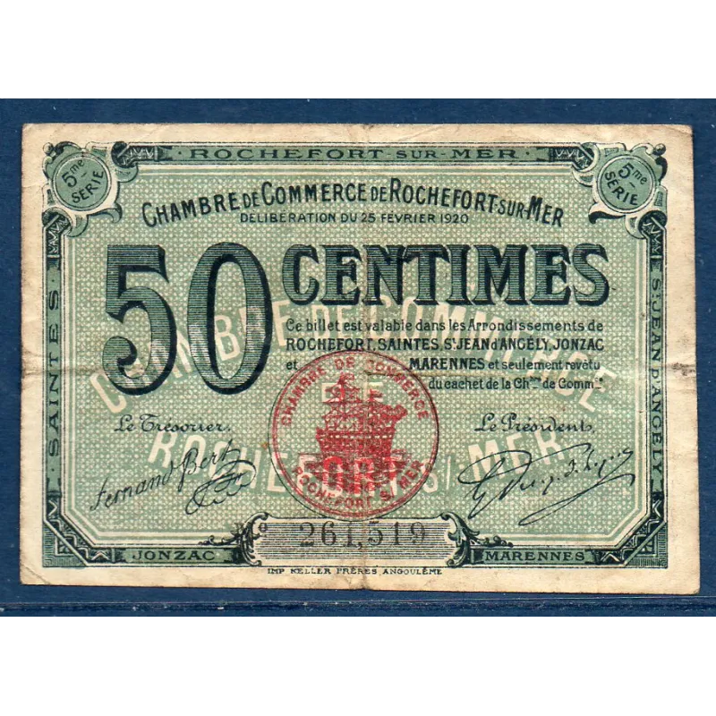 Rochefort-sur-Mer 50 centimes, TB, 25.2.1920 Pirot 107.17 Billet de la chambre de commerce Rochefort-sur-Mer 50 centimes, TB, 25.2.1920 Pirot 107.17 Billet de la chambre de commerce