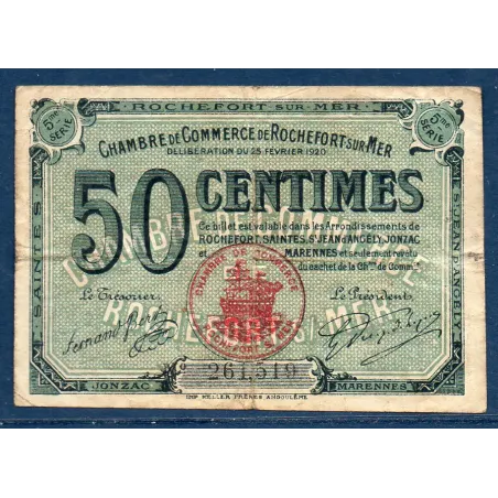 Rochefort-sur-Mer 50 centimes, TB, 25.2.1920 Pirot 107.17 Billet de la chambre de commerce