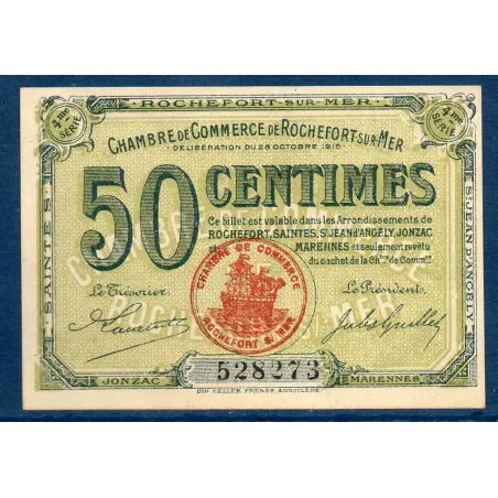 Rochefort-sur-Mer 50 centimes, Sup, 28.10.1915 Pirot 107.15 Billet de la chambre de commerce
