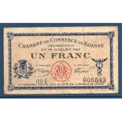 Roanne 1 franc, TB, 18.7.1917 Pirot 106.12 Billet de la chambre de commerce