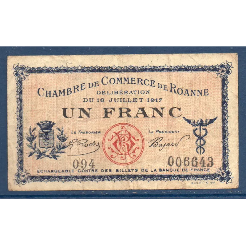 Roanne 1 franc, TB, 18.7.1917 Pirot 106.12 Billet de la chambre de commerce Roanne 1 franc, TB, 18.7.1917 Pirot 106.12 Billet de la chambre de commerce