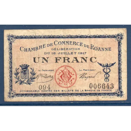 Roanne 1 franc, TB, 18.7.1917 Pirot 106.12 Billet de la chambre de commerce