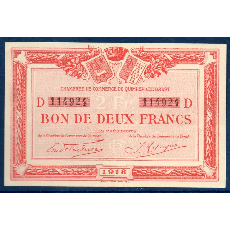 Quimper et Brest 2 francs, TTB+, 1918 Pirot 104.12 Billet de la chambre de commerce Quimper et Brest 2 francs, TTB+, 1918 Pirot 104.12 Billet de la chambre de commerce
