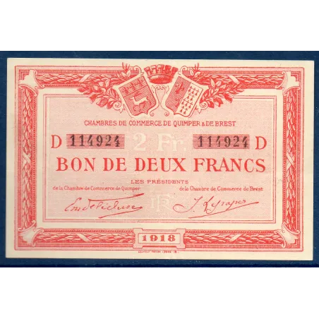 Quimper et Brest 2 francs, TTB+, 1918 Pirot 104.12 Billet de la chambre de commerce