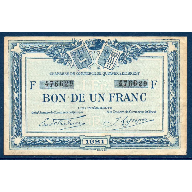 Quimper et Brest 1 franc, TTB, 1921 Pirot 104.20 Billet de la chambre de commerce