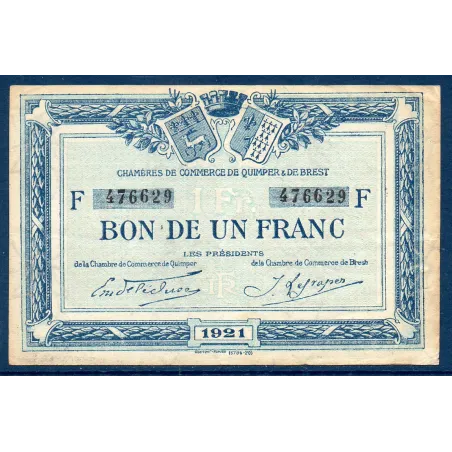Quimper et Brest 1 franc, TTB, 1921 Pirot 104.20 Billet de la chambre de commerce