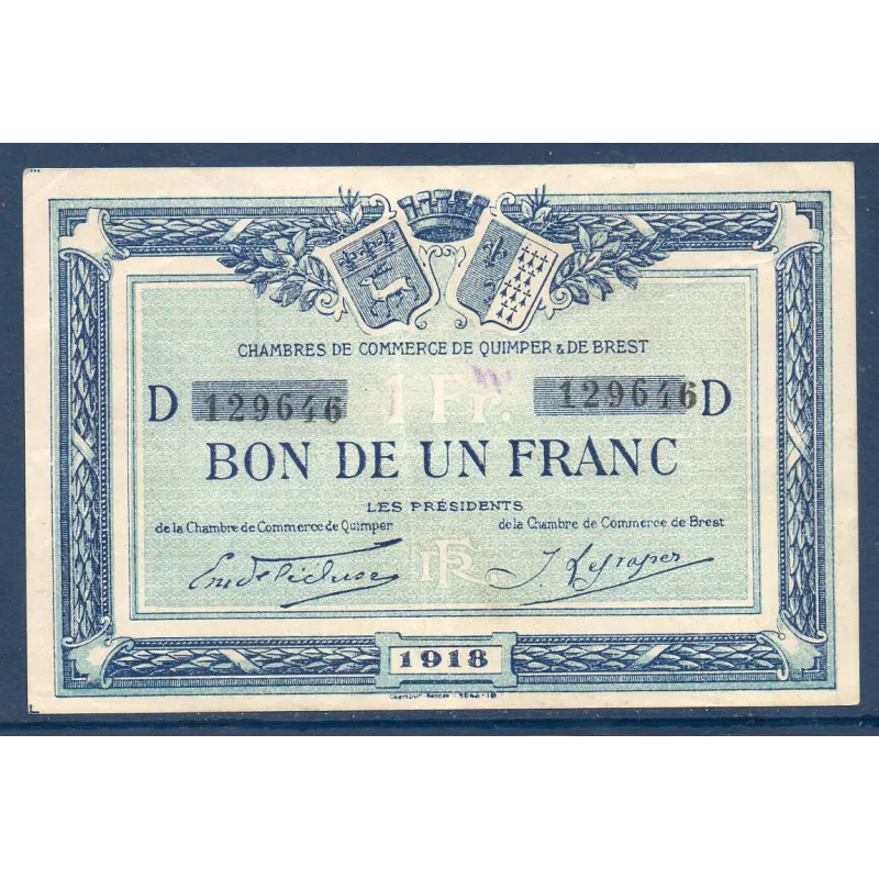 Quimper et Brest 1 franc, TTB, 1918 Pirot 104.11 Billet de la chambre de commerce